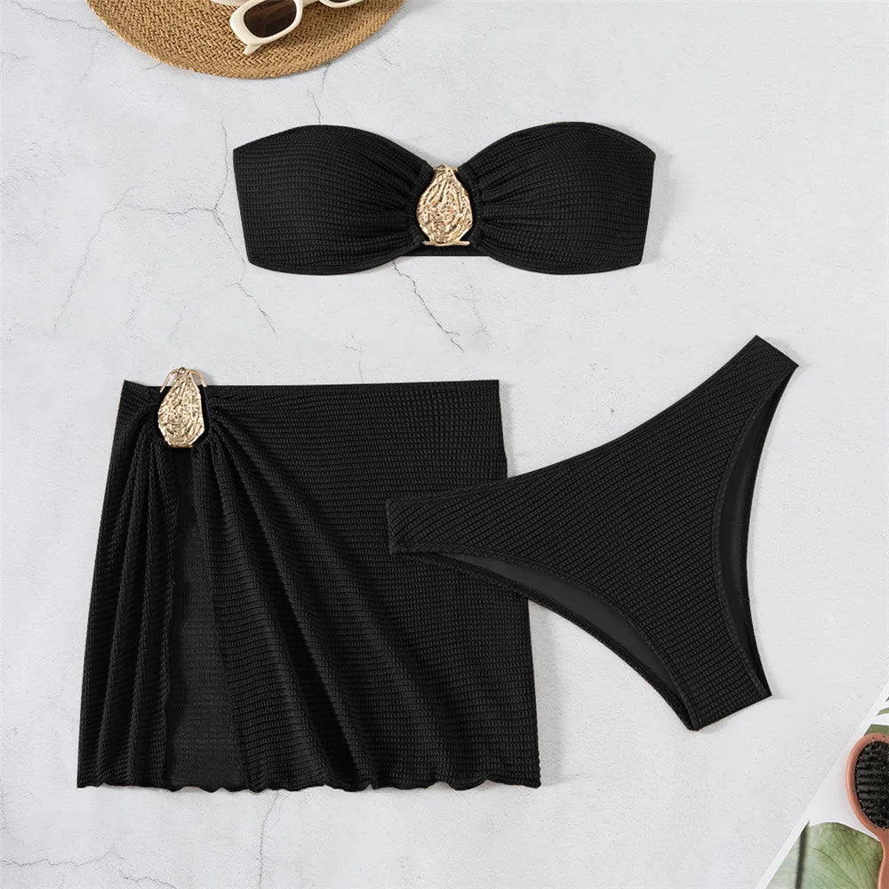 Brown Solid Swimwears Strapless Bandeau Bikinis Sets