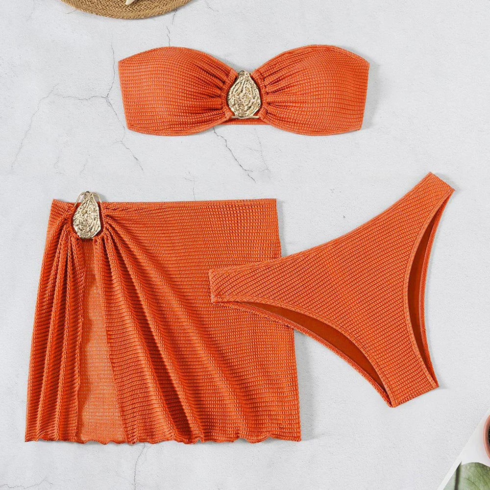 Brown Solid Swimwears Strapless Bandeau Bikinis Sets
