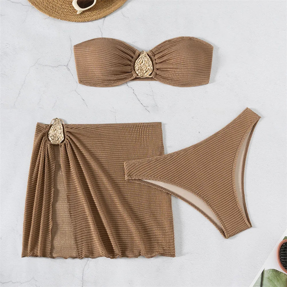 Brown Solid Swimwears Strapless Bandeau Bikinis Sets