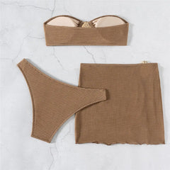 Brown Solid Swimwears Strapless Bandeau Bikinis Sets