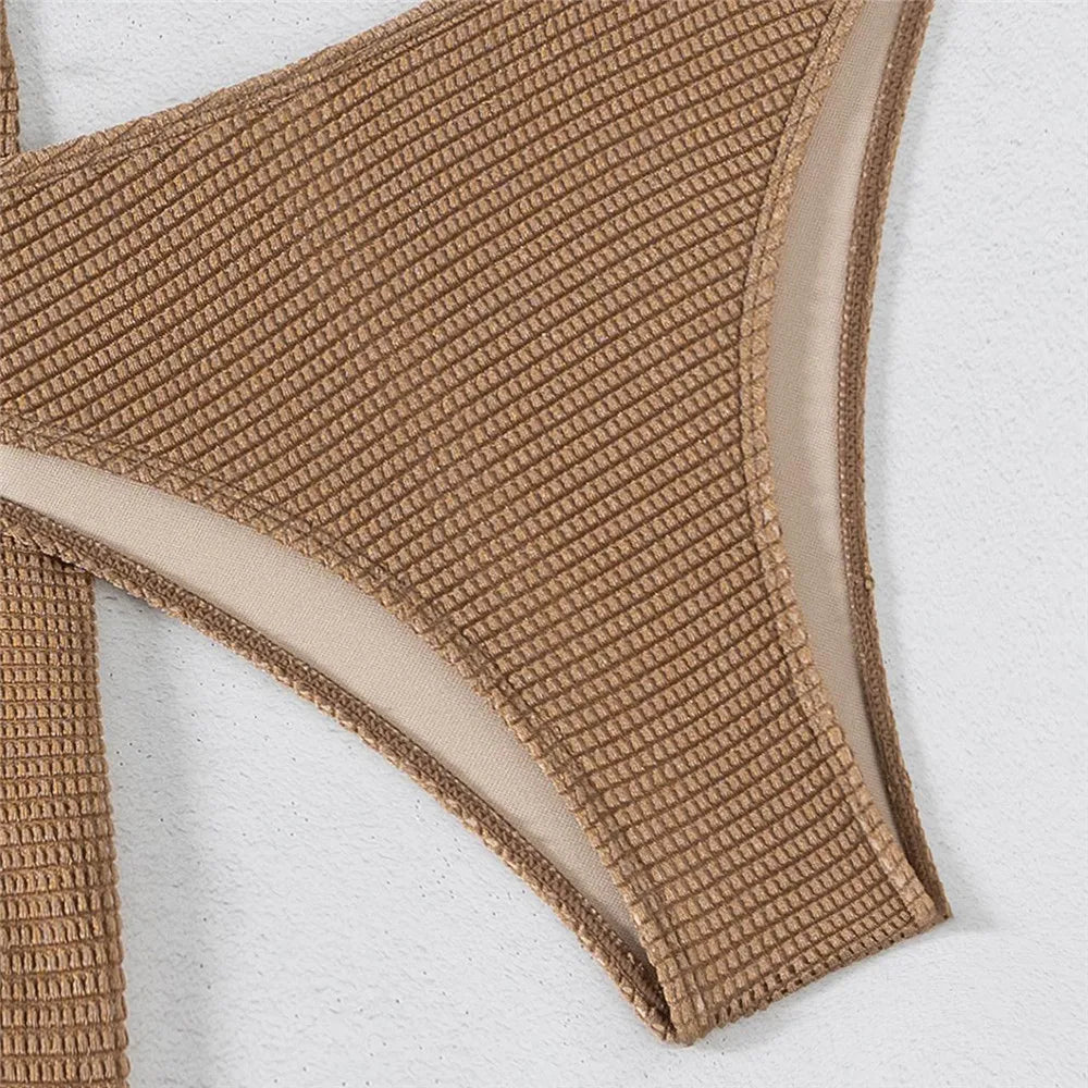 Brown Solid Swimwears Strapless Bandeau Bikinis Sets
