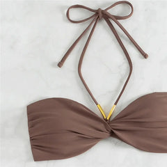Brown Swimwear String Halter Bandeau Bikinis Sets