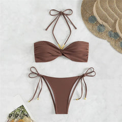 Brown Swimwear String Halter Bandeau Bikinis Sets