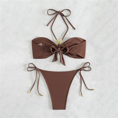 Brown Swimwear String Halter Bandeau Bikinis Sets