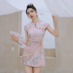 Chinese Style 2 Piece Swimsuit Pink Floral Print Drawsting Slim Dress High Waist Panties Swimwear Beach Bathing Suits 2025