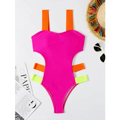 Color Block One-piece Swimsuit Neon Bandage Bikini High Waist Hollow Out Swimwear Rose Red Slim Backless Monokini