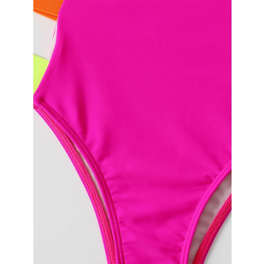 Color Block One-piece Swimsuit Neon Bandage Bikini High Waist Hollow Out Swimwear Rose Red Slim Backless Monokini