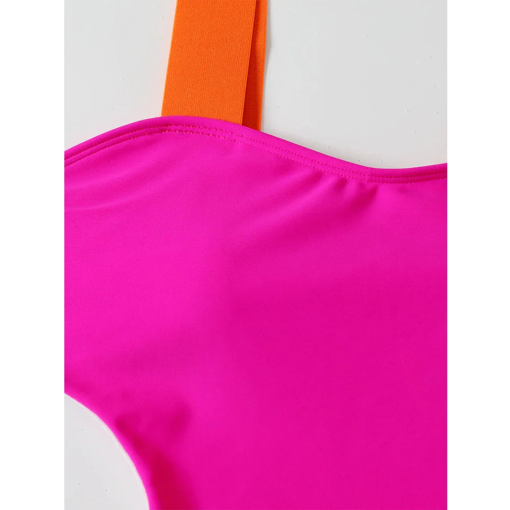 Color Block One-piece Swimsuit Neon Bandage Bikini High Waist Hollow Out Swimwear Rose Red Slim Backless Monokini