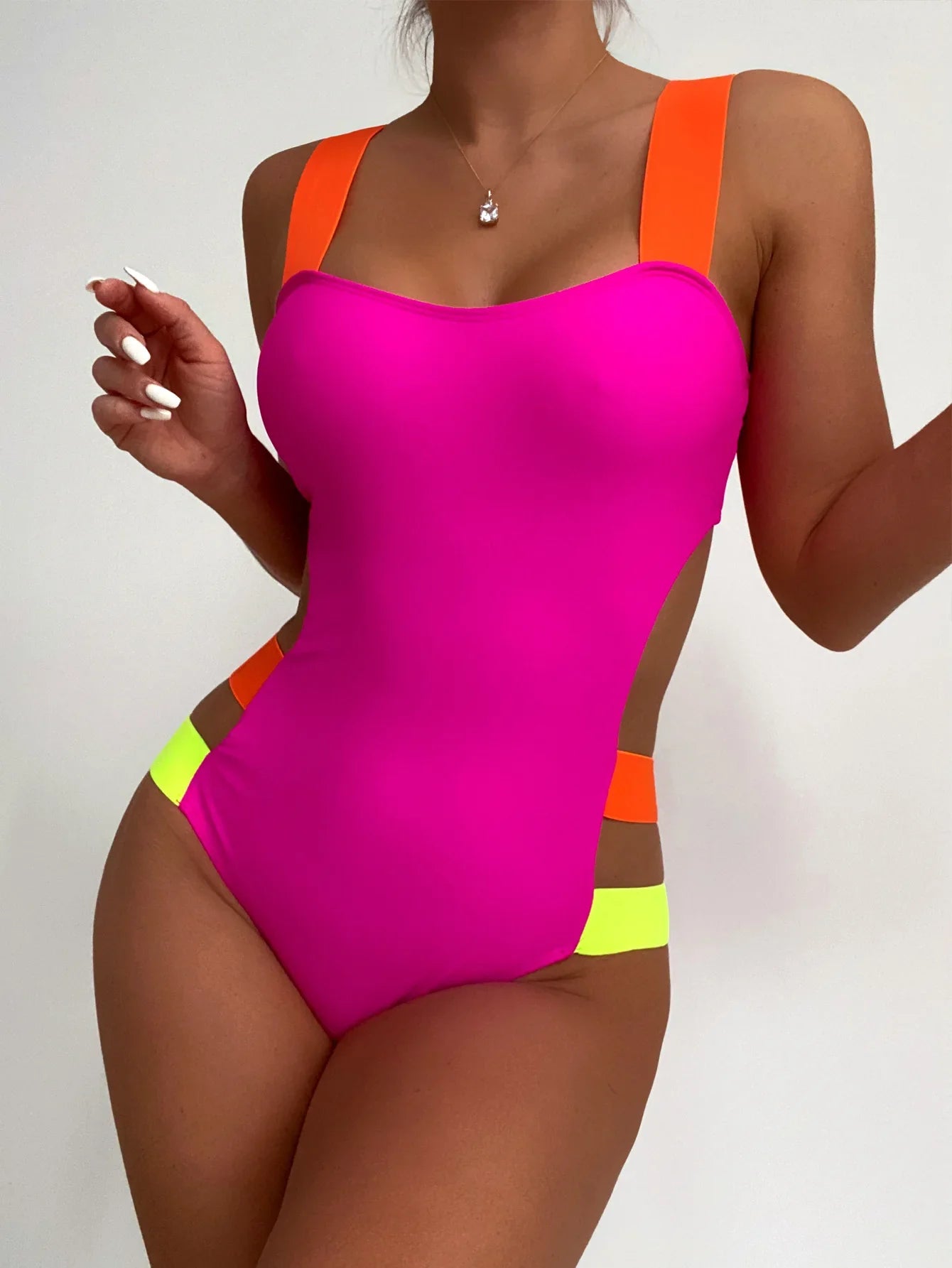 Color Block One-piece Swimsuit Neon Bandage Bikini High Waist Hollow Out Swimwear Rose Red Slim Backless Monokini