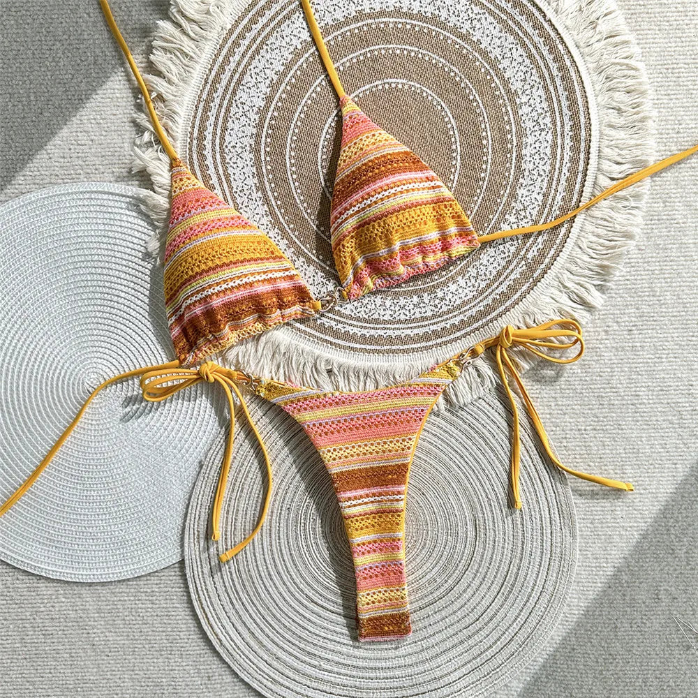 Color Crochet Halter String Triangle Bikini Micro Thong Swimsuits Bathing Suit Bikinis Sets