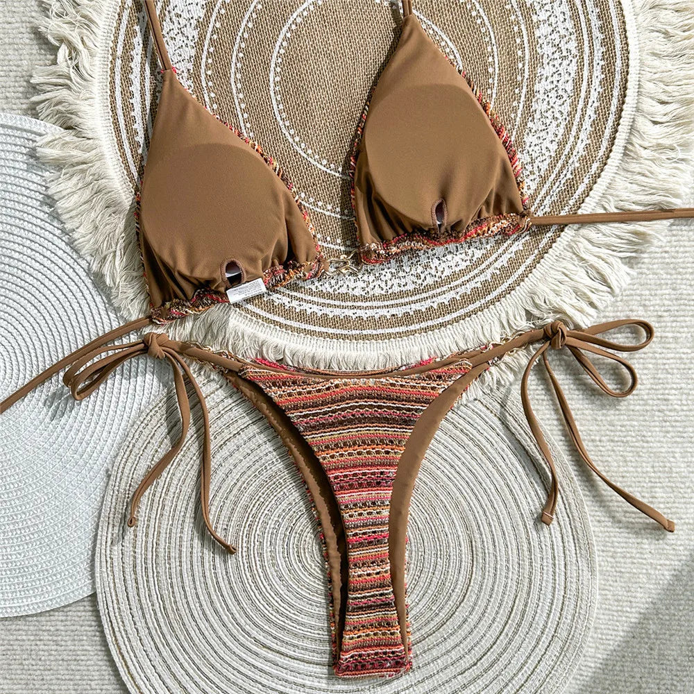 Color Crochet Halter String Triangle Bikini Micro Thong Swimsuits Bathing Suit Bikinis Sets