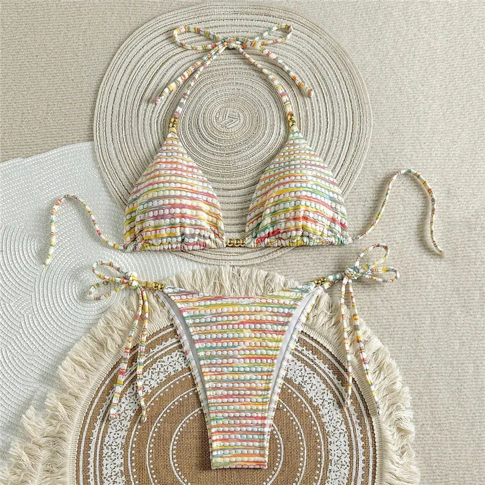 Color Striped Halter String Triangle Micro Bikini Thong Woman Swimsuit Cute Swimwears Bathing Suit Bikinis Sets