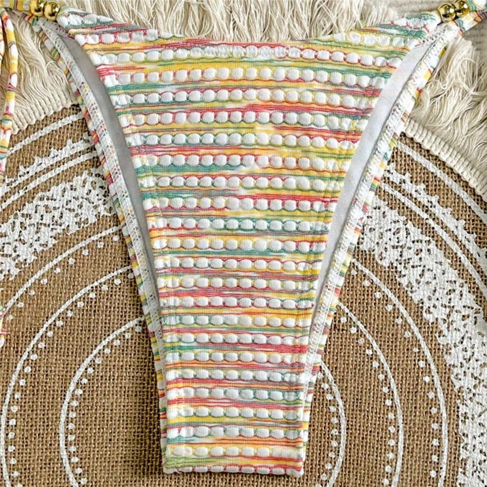 Color Striped Halter String Triangle Micro Bikini Thong Woman Swimsuit Cute Swimwears Bathing Suit Bikinis Sets