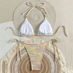 Color Striped Halter String Triangle Micro Bikini Thong Woman Swimsuit Cute Swimwears Bathing Suit Bikinis Sets