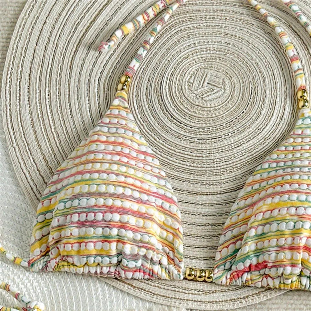Color Striped Halter String Triangle Micro Bikini Thong Woman Swimsuit Cute Swimwears Bathing Suit Bikinis Sets