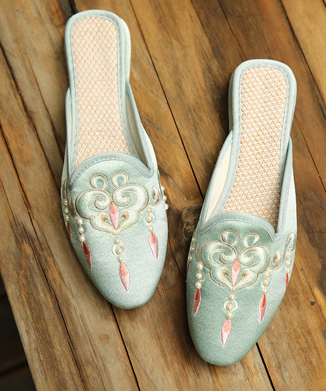 Comfy Light Green Embroidered Pearl Cotton Fabric Slide Sandals