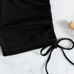 Crop Top Shorts Bottom Swimsuits Black Drawstring Swimwear Ribbed Bikinis Sets