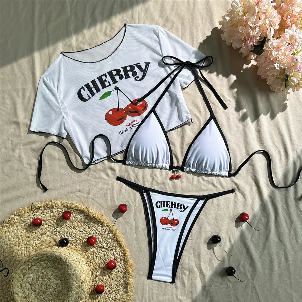 Cute Cherry Print Swimwear Halter String Triangle Bikinis Sets
