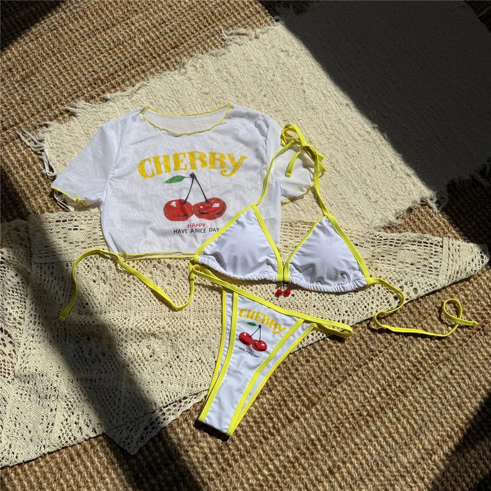 Cute Cherry Print Swimwear Halter String Triangle Bikinis Sets