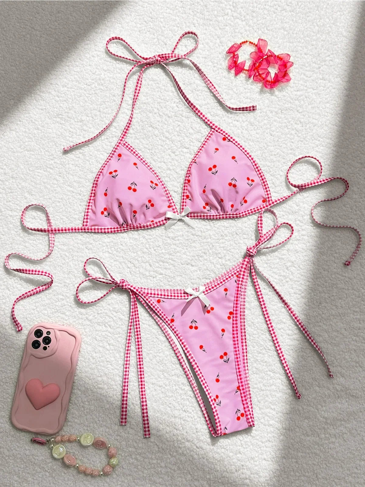 Cute Cherry Print Two Piece Swimsuit Adjustable Straps Triangle Bra Bikini Set