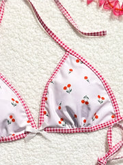 Cute Cherry Print Two Piece Swimsuit Adjustable Straps Triangle Bra Bikini Set