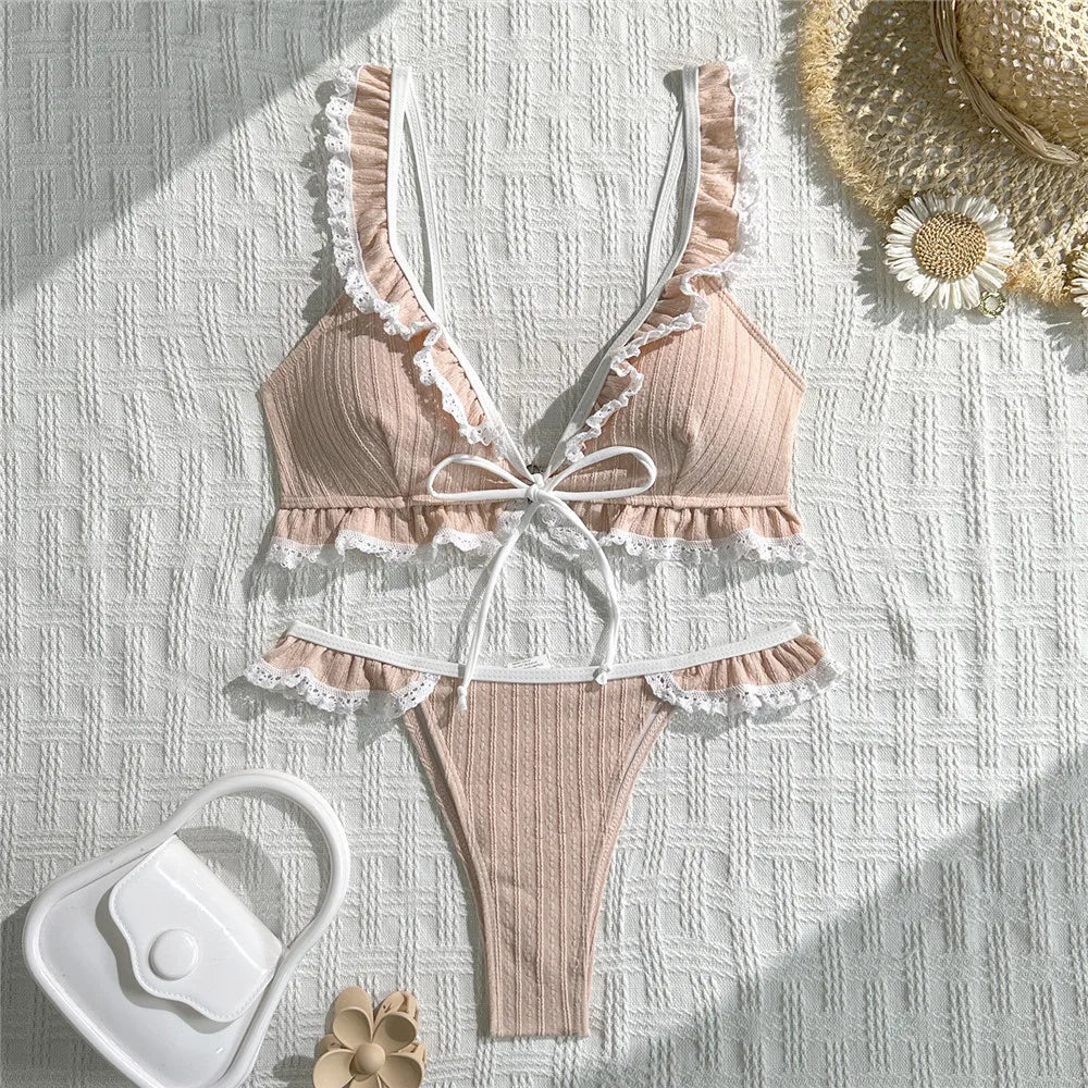 Cute Lace Ruffled Edge Swimwear Lace-up Bikinis Sets