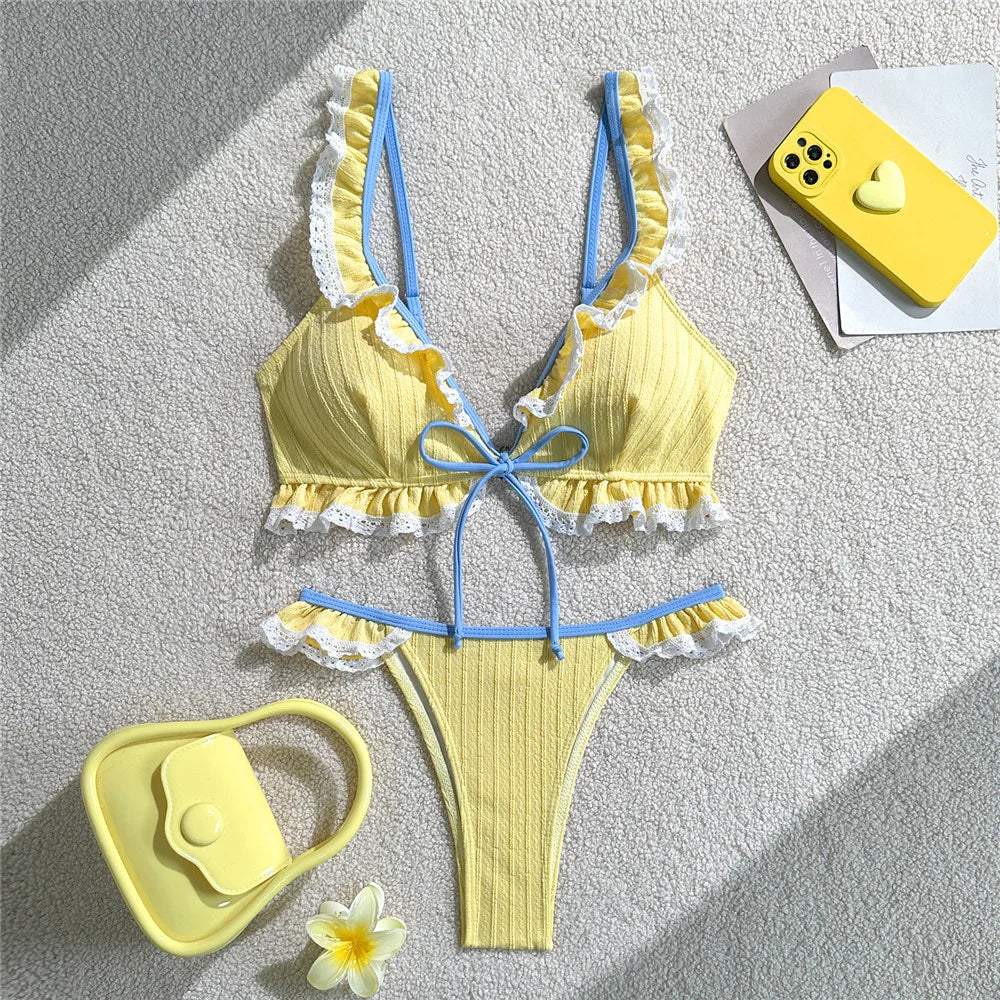 Cute Lace Ruffled Edge Swimwear Lace-up Bikinis Sets