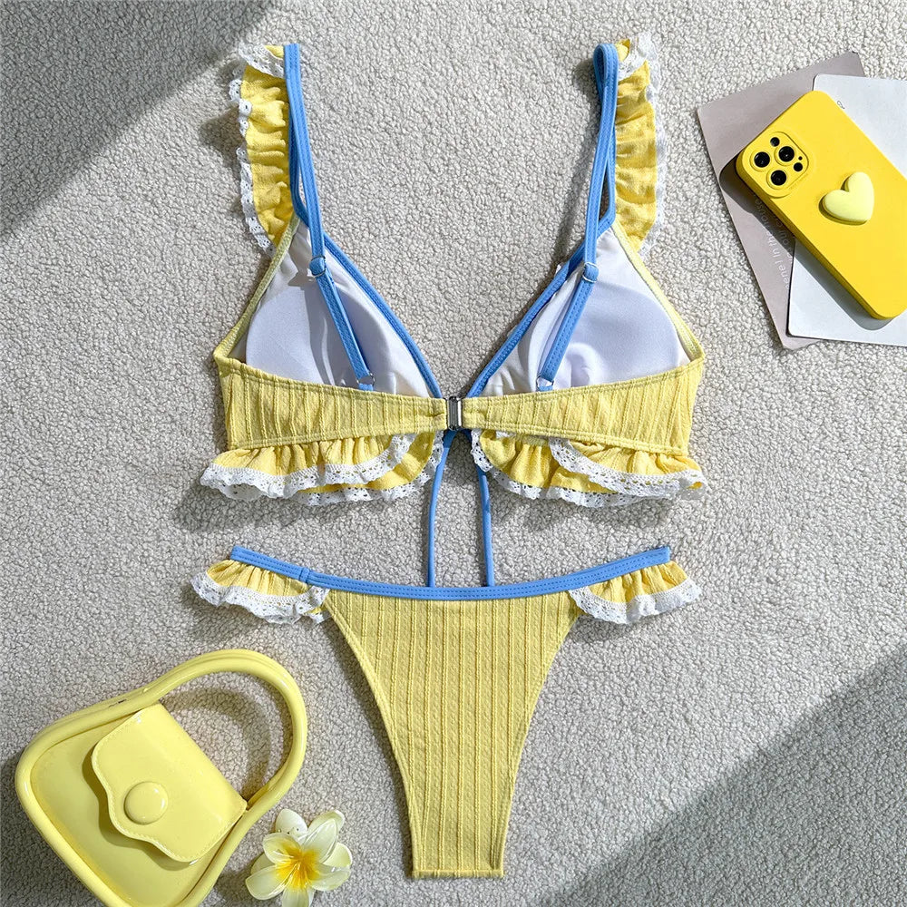 Cute Lace Ruffled Edge Swimwear Lace-up Bikinis Sets