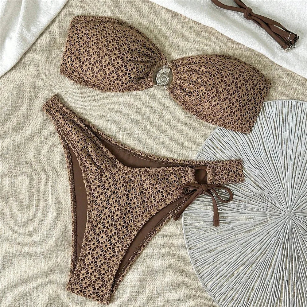 Dark Brown Flower Mesh Bandeau Bikini Woman Swimsuit Metal Conch Solid Swimwears Biquinis Brazilian Bikinis Sets