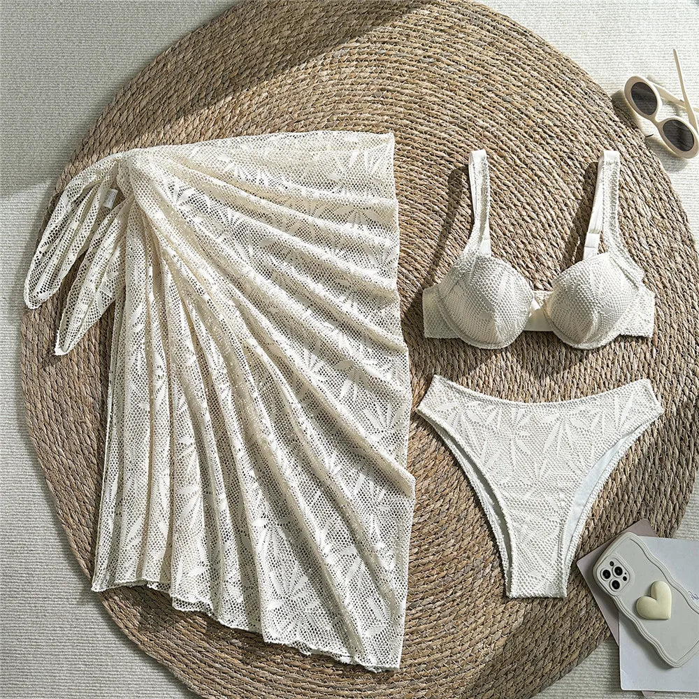Dark Brown Hollow Lace Swimwear Cover Ups Push Up Bikinis Sets