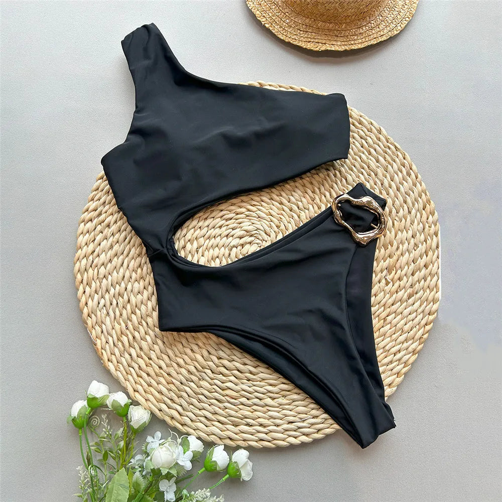 Dark Brown One Shoulder Solid Swimwears Swimsuit One Piece Hollow Out Monokini Metal Ring Bathing Suit Bodysuit