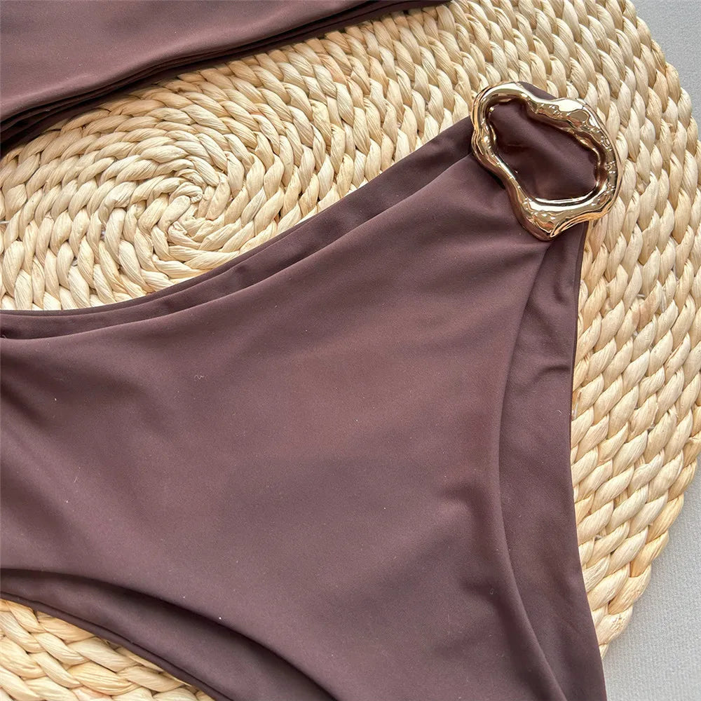 Dark Brown One Shoulder Solid Swimwears Swimsuit One Piece Hollow Out Monokini Metal Ring Bathing Suit Bodysuit