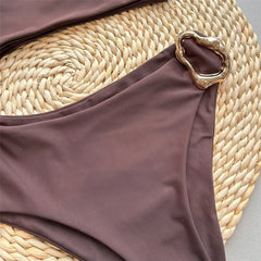 Dark Brown One Shoulder Solid Swimwears Swimsuit One Piece Hollow Out Monokini Metal Ring Bathing Suit Bodysuit