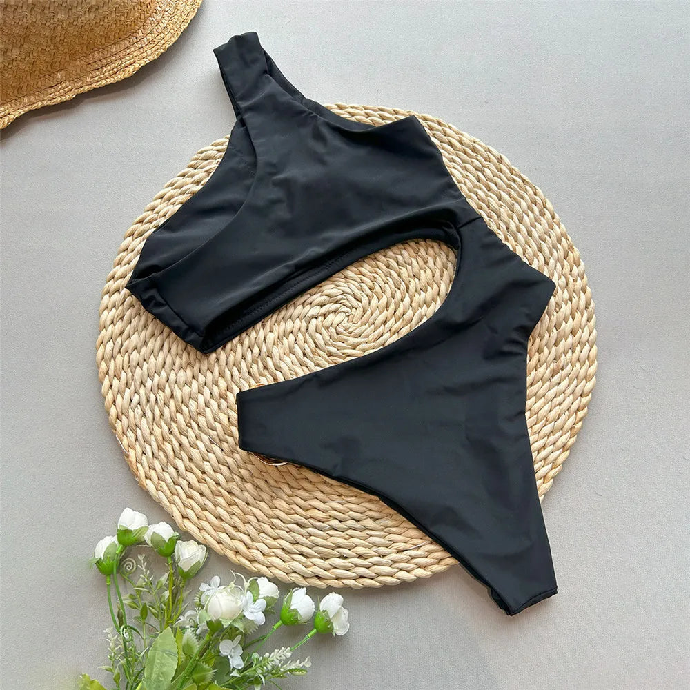 Dark Brown One Shoulder Solid Swimwears Swimsuit One Piece Hollow Out Monokini Metal Ring Bathing Suit Bodysuit