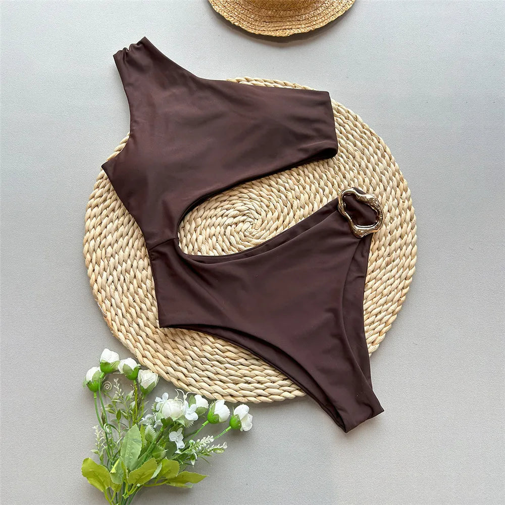 Dark Brown One Shoulder Solid Swimwears Swimsuit One Piece Hollow Out Monokini Metal Ring Bathing Suit Bodysuit