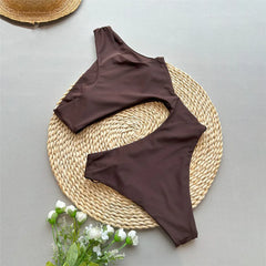 Dark Brown One Shoulder Solid Swimwears Swimsuit One Piece Hollow Out Monokini Metal Ring Bathing Suit Bodysuit