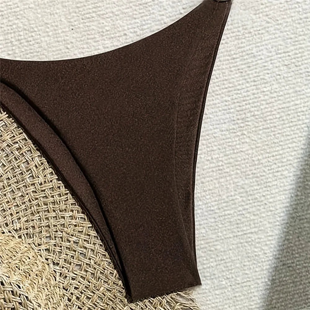 Dark Brown String Halter Micro Thong Bikinis Sets
