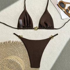 Dark Brown String Halter Micro Thong Bikinis Sets