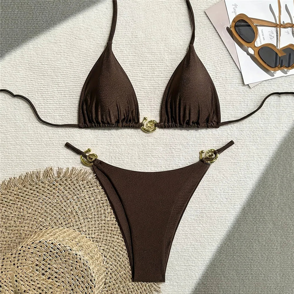 Dark Brown String Halter Micro Thong Bikinis Sets
