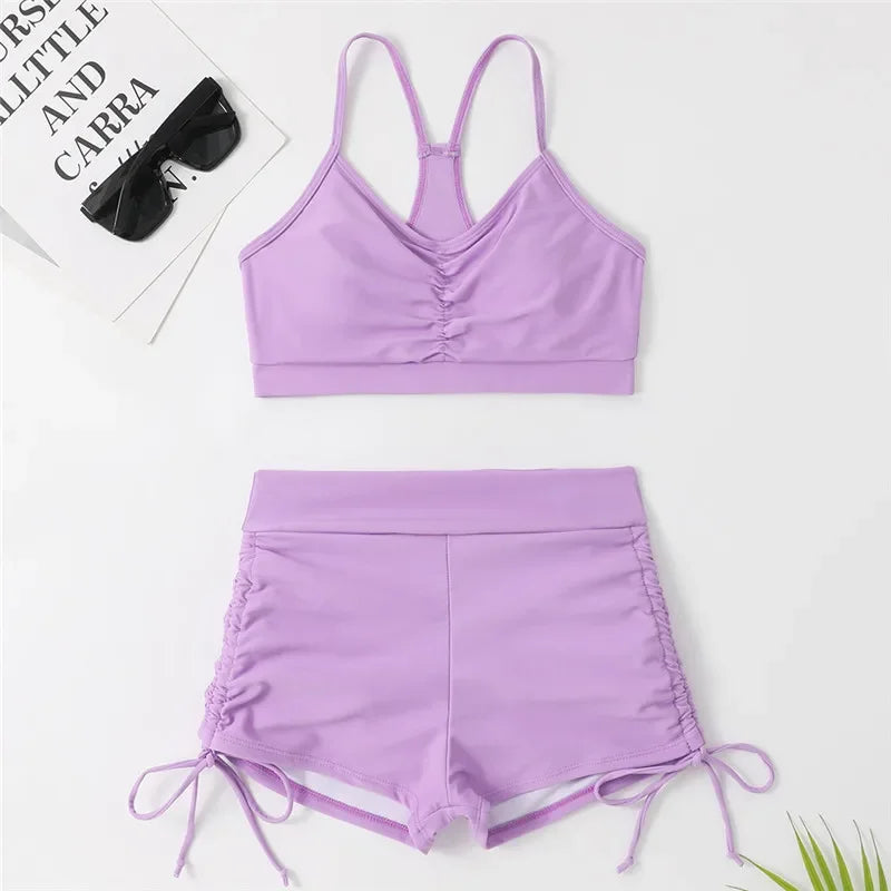 Drawstring Bottom Swimwear Purple Bikinis Sets