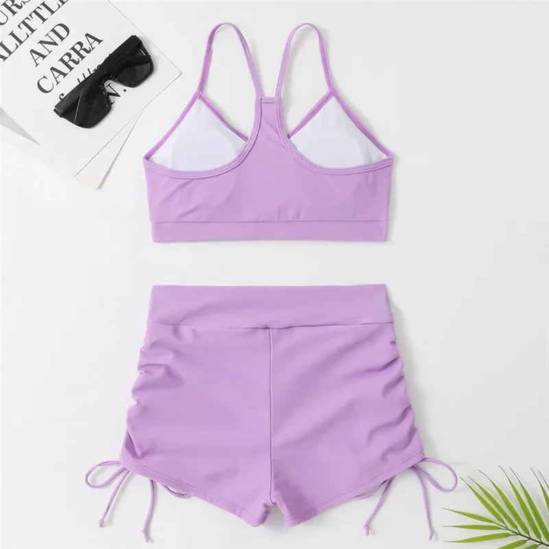 Drawstring Bottom Swimwear Purple Bikinis Sets