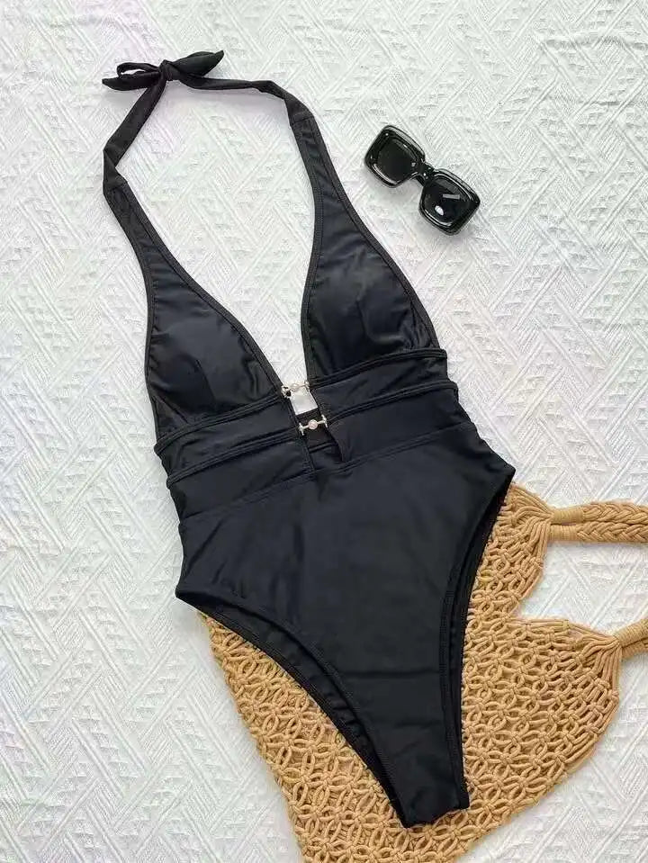 Elegant Halter One Piece Bathing Suit Deep Plunge V Neck Pearl Chain Front Cutout Open Back High Cut Leg Pool Vacation Swimwear