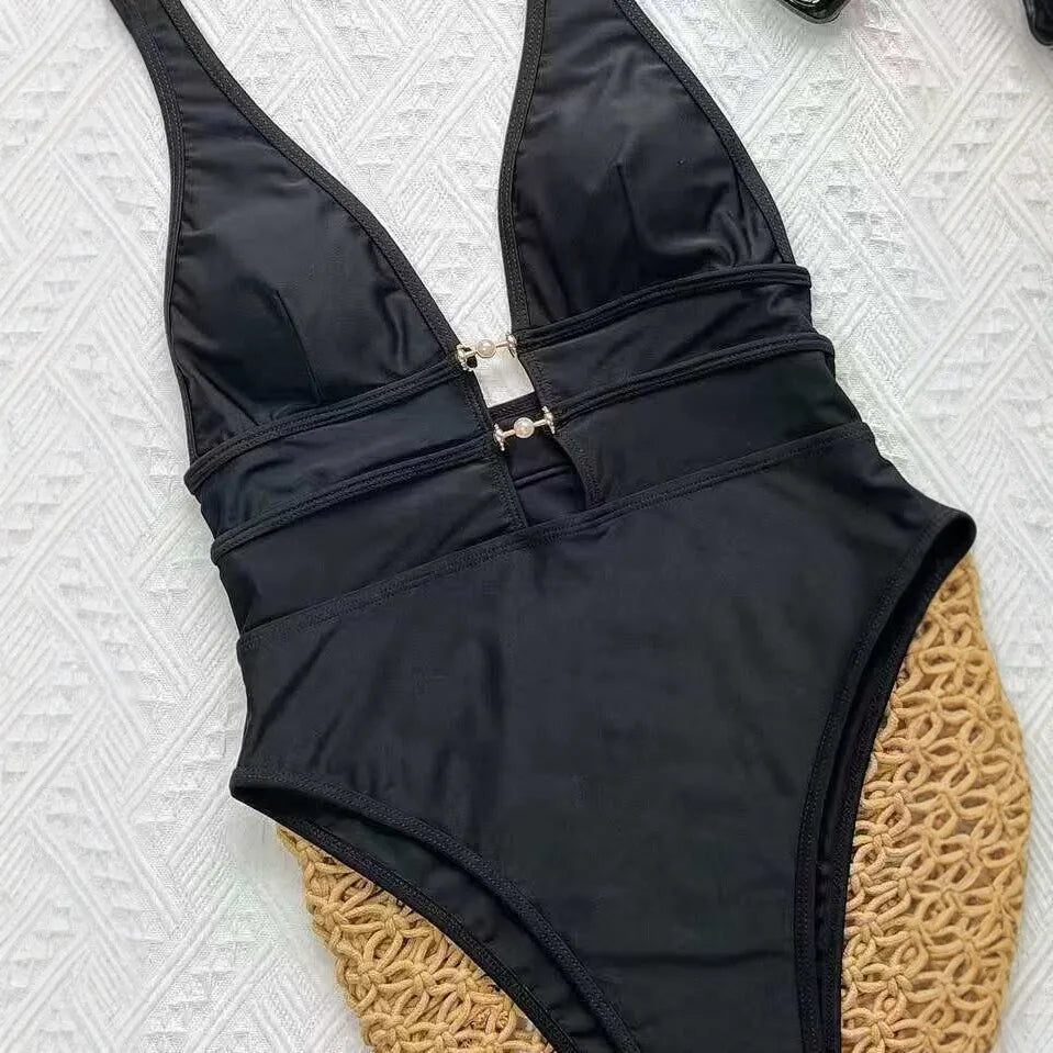 Elegant Halter One Piece Bathing Suit Deep Plunge V Neck Pearl Chain Front Cutout Open Back High Cut Leg Pool Vacation Swimwear