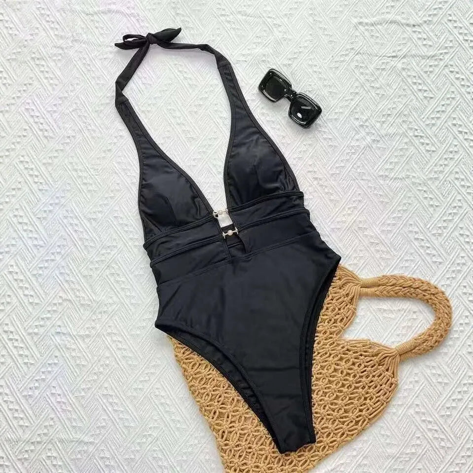 Elegant Halter One Piece Bathing Suit Deep Plunge V Neck Pearl Chain Front Cutout Open Back High Cut Leg Pool Vacation Swimwear