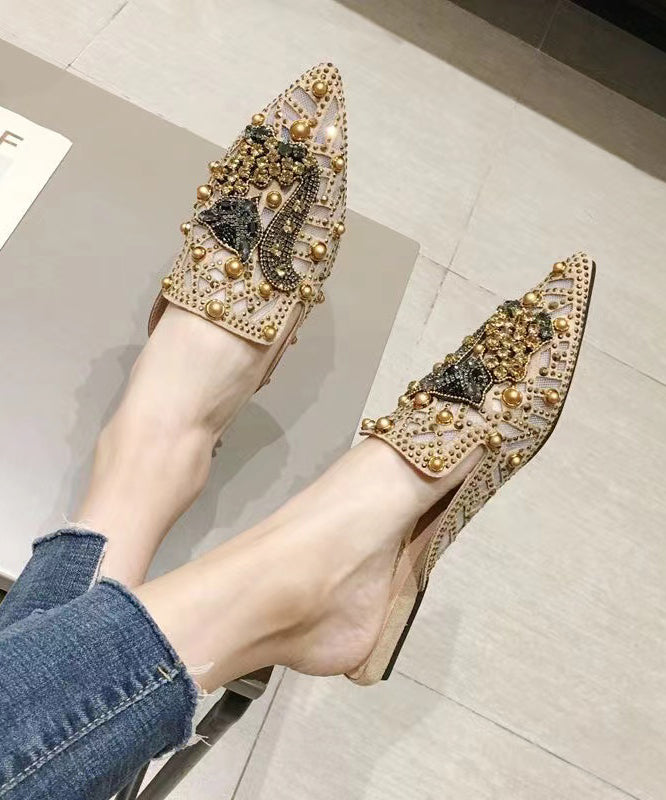 Apricot Zircon Nail Bead Pointed Toe Slide Sandals