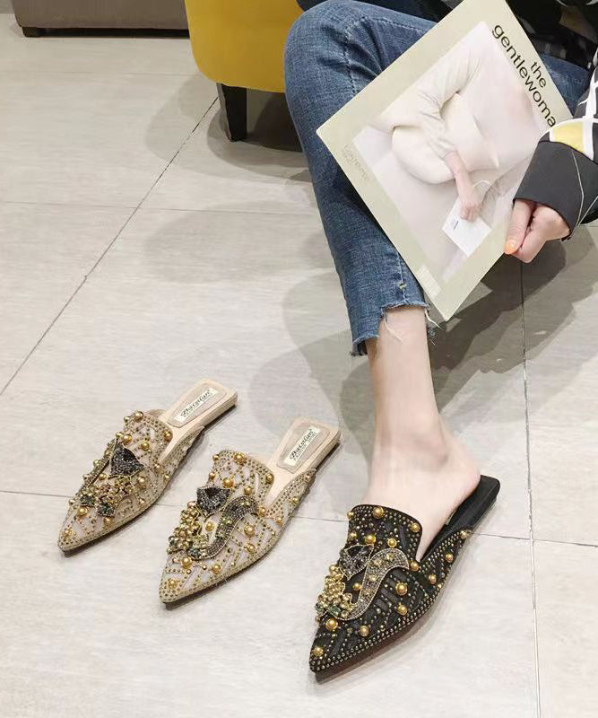 Apricot Zircon Nail Bead Pointed Toe Slide Sandals