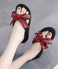 Beige Bow Linen Fabric Beach Slide Sandals