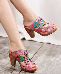 ColorblockC High Heel Cowhide Leather Cross Strap Slide Sandals