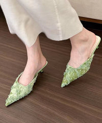 Floral Splicing Kitten Green Slide Sandals Pointed Toe