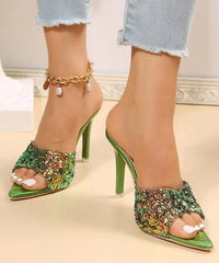 Green Sequins Splicing Stiletto High Heels Slide Sandals